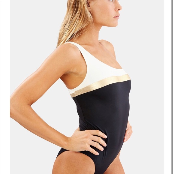 $158 Solid & Striped The Chloe Colorblock Swimsuit One-Shoulder Black Gold XS - Picture 3 of 12